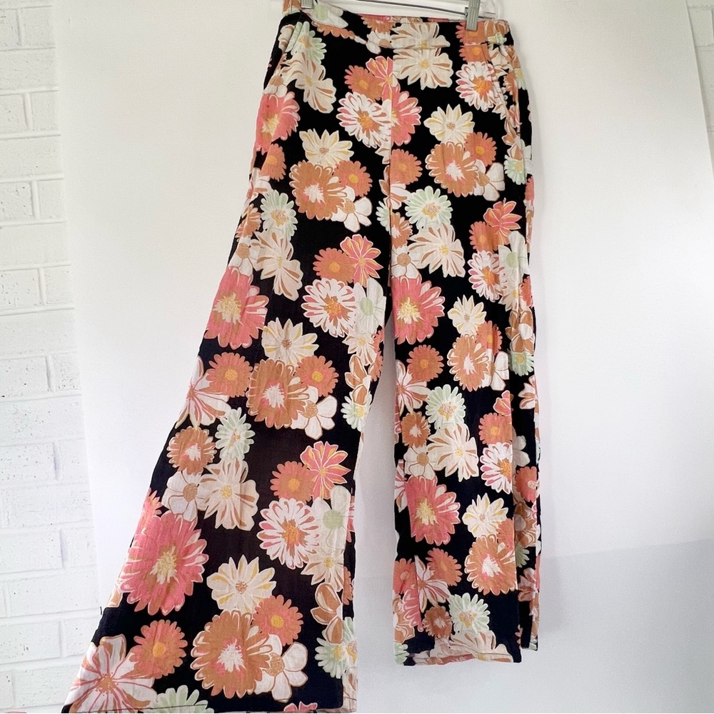 Roxy Black Floral Wide-Leg Pants Cotton Blend Beach Vacation Boho Pool Bloomcore